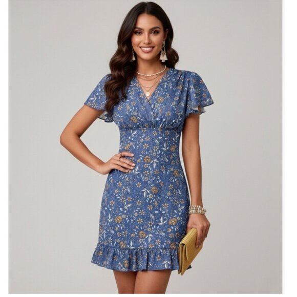 Ditsy Floral V-Neck Mini Dress Blue - Picture 1 of 5